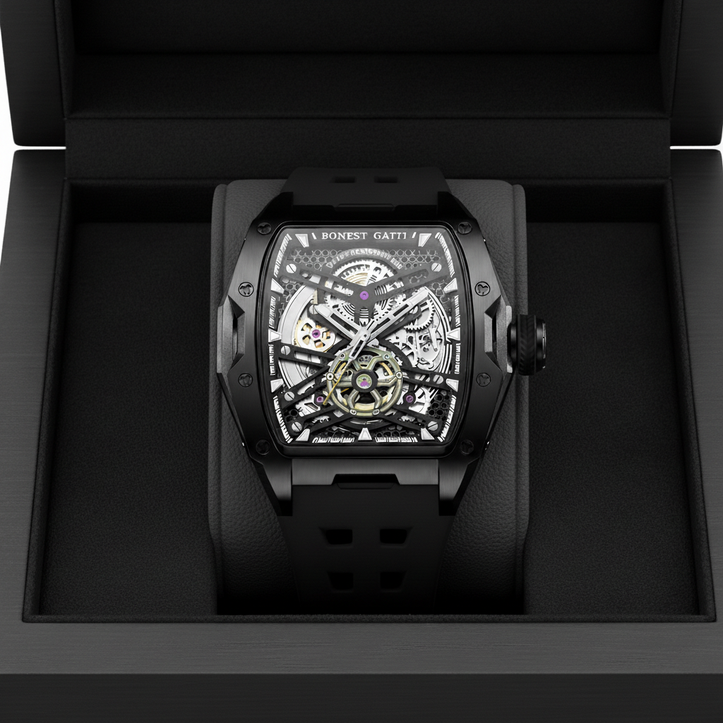 BONEST GATTI BG5502 skeleton mechanical watch for men displayed in its presentation box highlighting black case and openwork dial