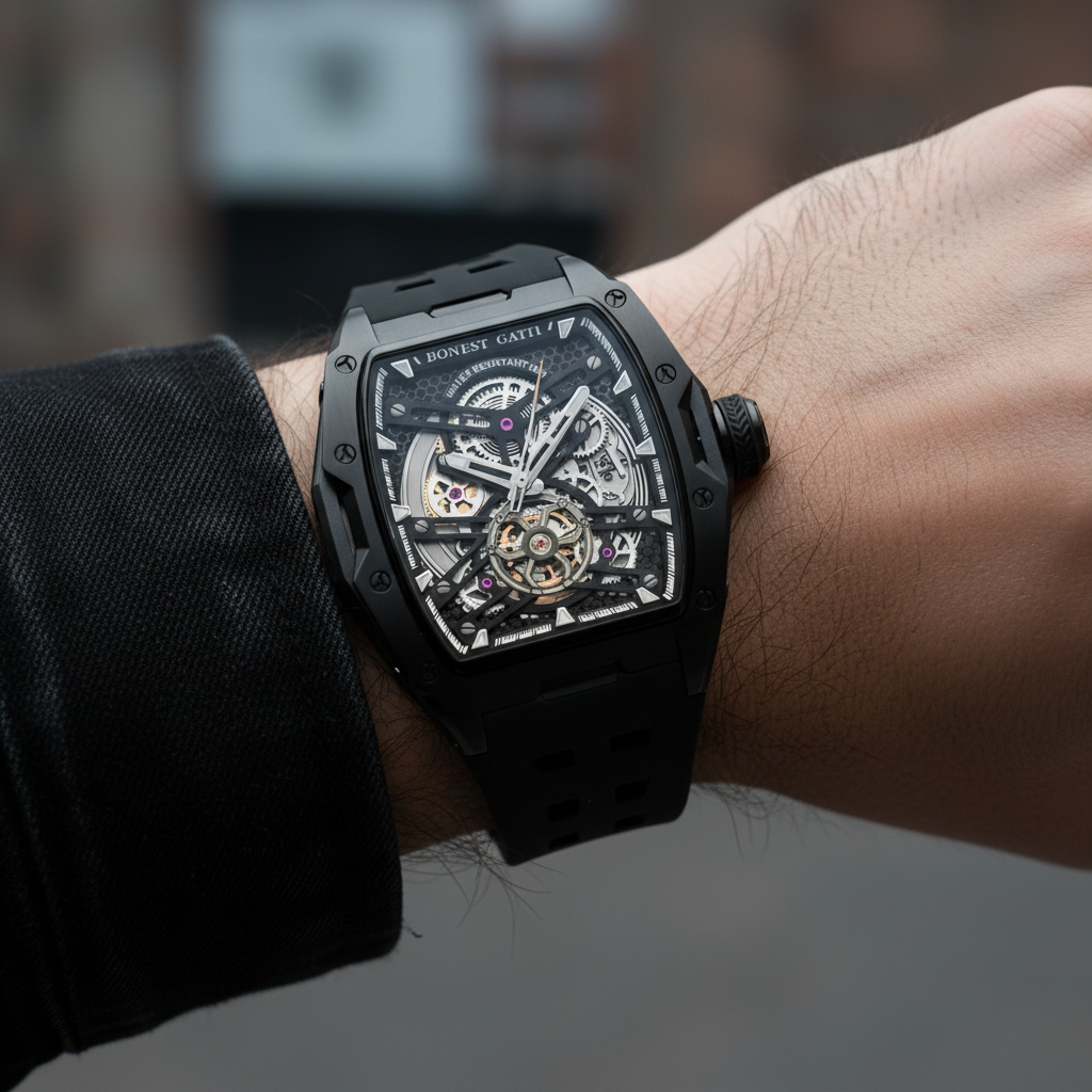 BONEST GATTI BG5502 skeleton mechanical watch for men worn on wrist showing black case design and exposed mechanical movement