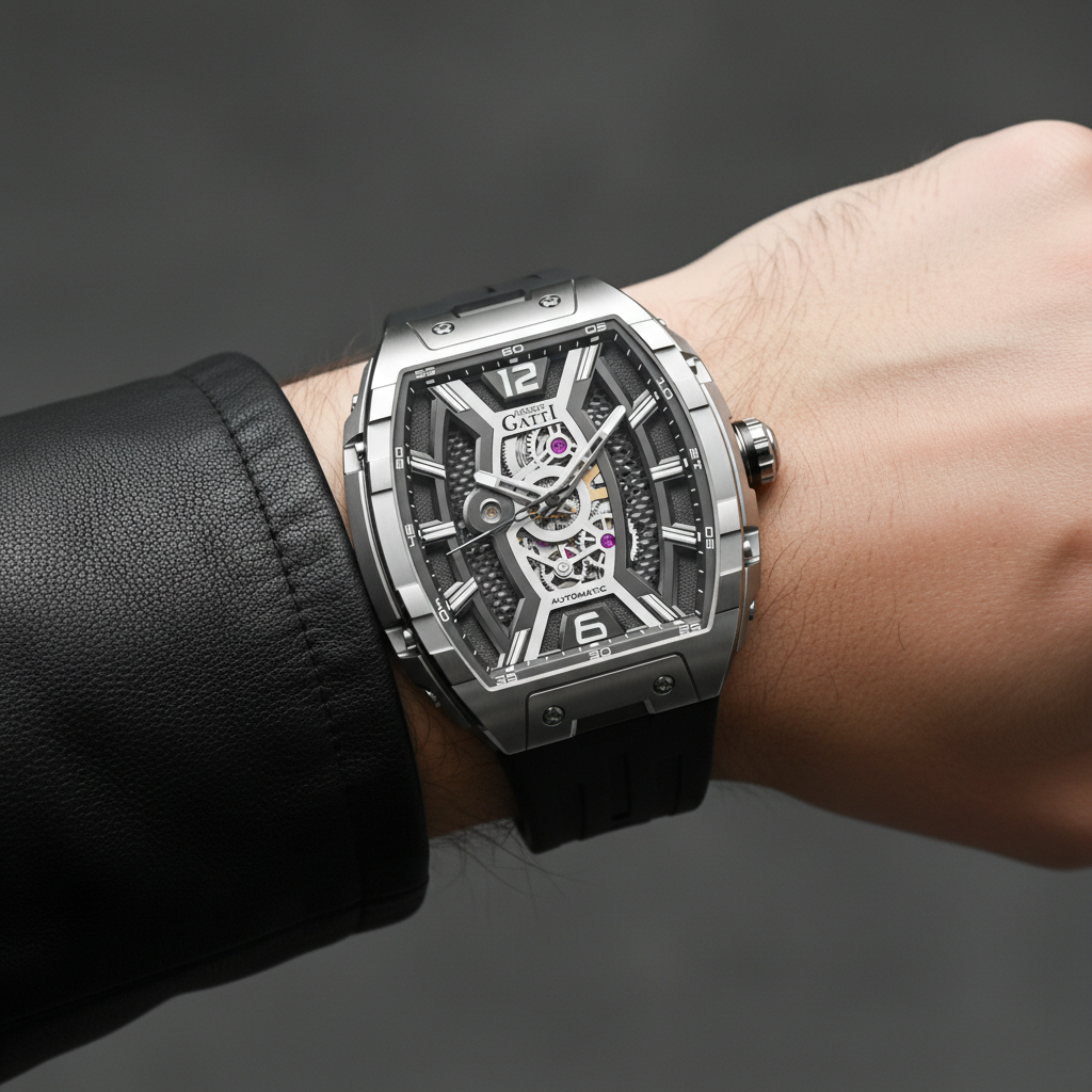 BONEST GATTI BG5601 automatic skeleton watch worn on wrist, highlighting tonneau stainless steel case, openworked dial, and black rubber strap.