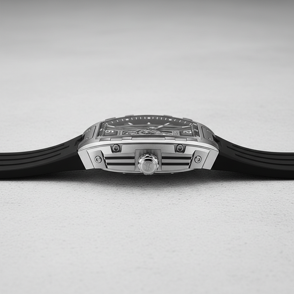 BONEST GATTI BG5601 automatic skeleton watch showing side profile with sculpted stainless steel case, crown detail, and sapphire crystal thickness.