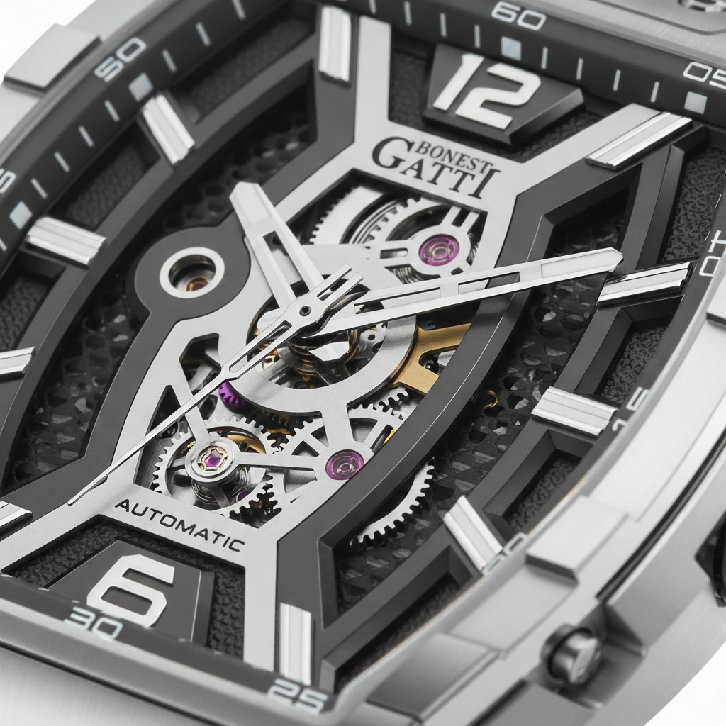 BONEST GATTI BG5601 automatic skeleton watch close up showing openworked dial, visible gears, ruby bearings, and sapphire crystal clarity.