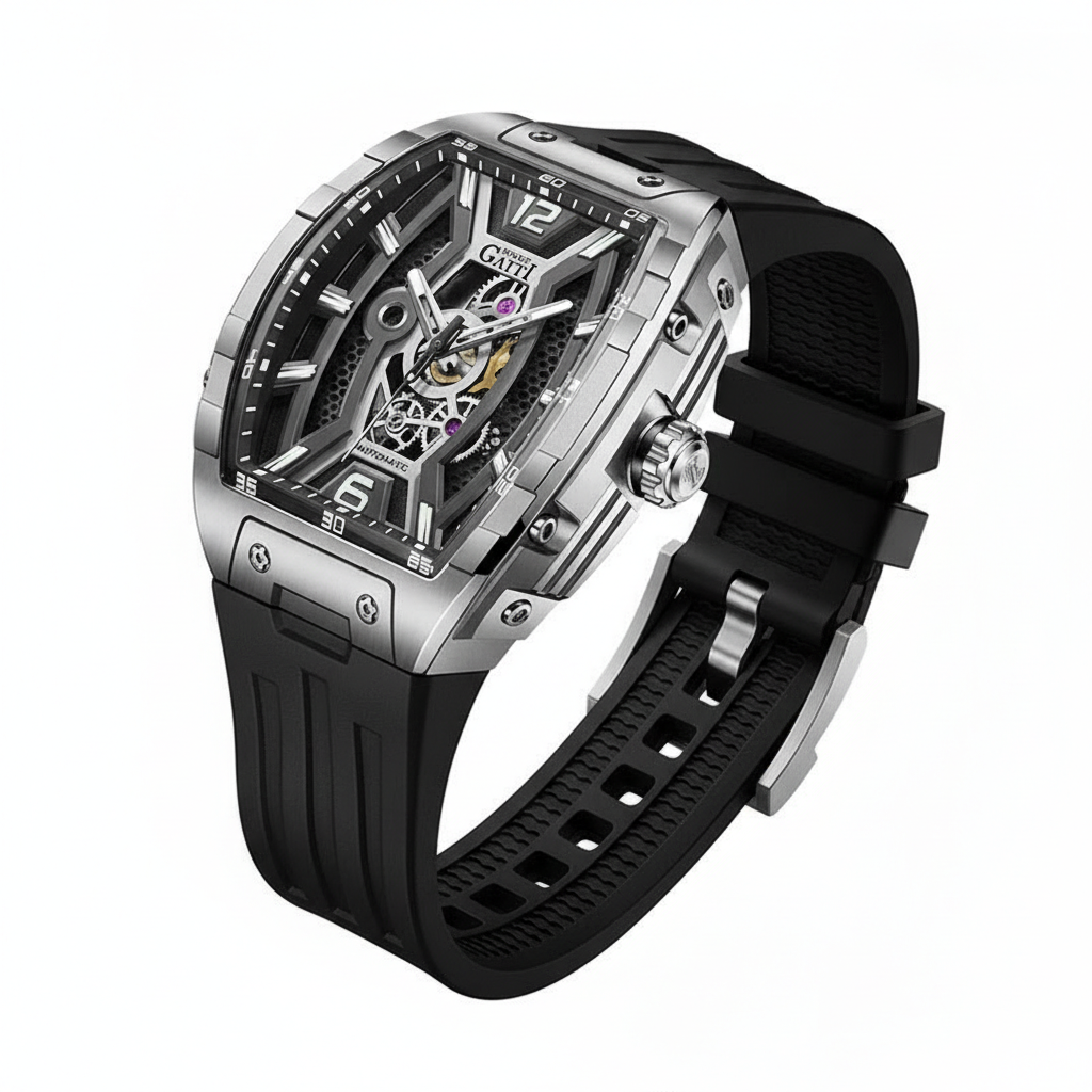 BONEST GATTI BG5601 automatic skeleton watch in three quarter angle showing stainless steel case geometry, sapphire crystal, and textured rubber strap.