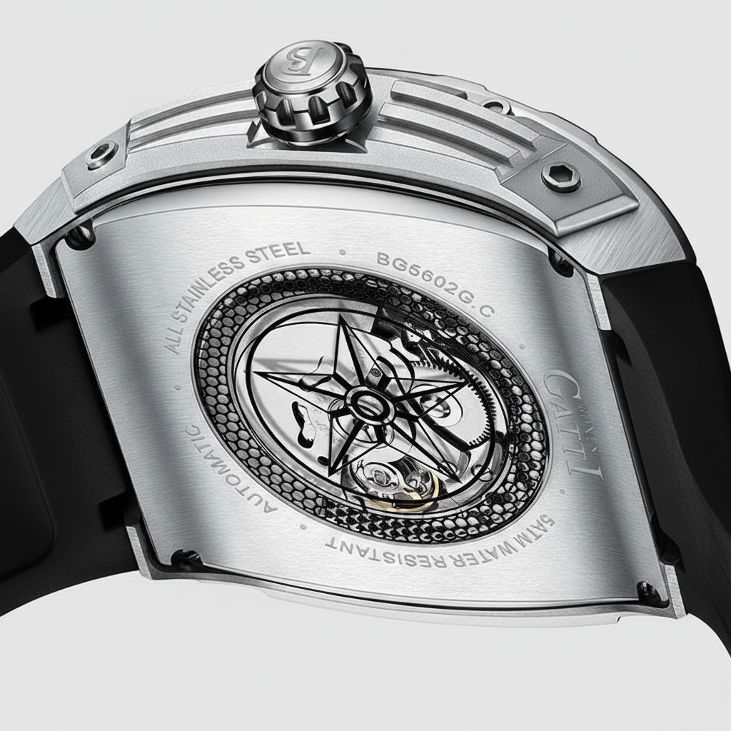 BONEST GATTI BG5601 automatic skeleton watch caseback displaying mechanical movement through transparent sapphire back and stainless steel housing.