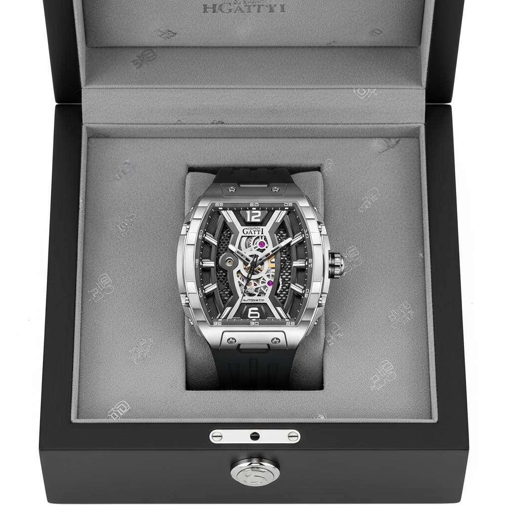 BONEST GATTI BG5601 automatic skeleton watch presented in luxury box, emphasizing stainless steel case, sapphire crystal, and premium packaging.