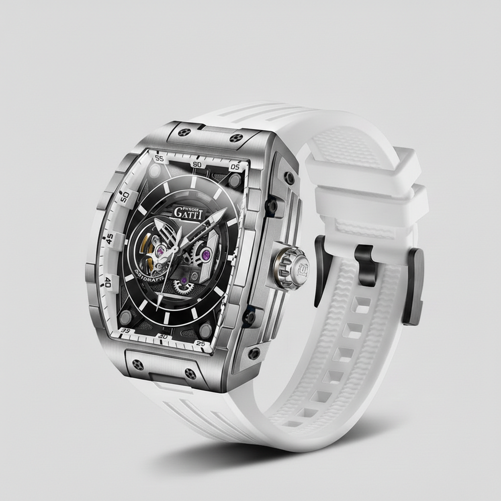 BONEST GATTI BG5602 men’s mechanical watch with skeleton dial, automatic movement, stainless steel case and white rubber strap, luxury front angled view