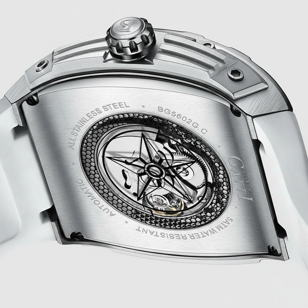 BONEST GATTI BG5602 men’s automatic mechanical watch with transparent case back revealing movement and rotor in stainless steel housing