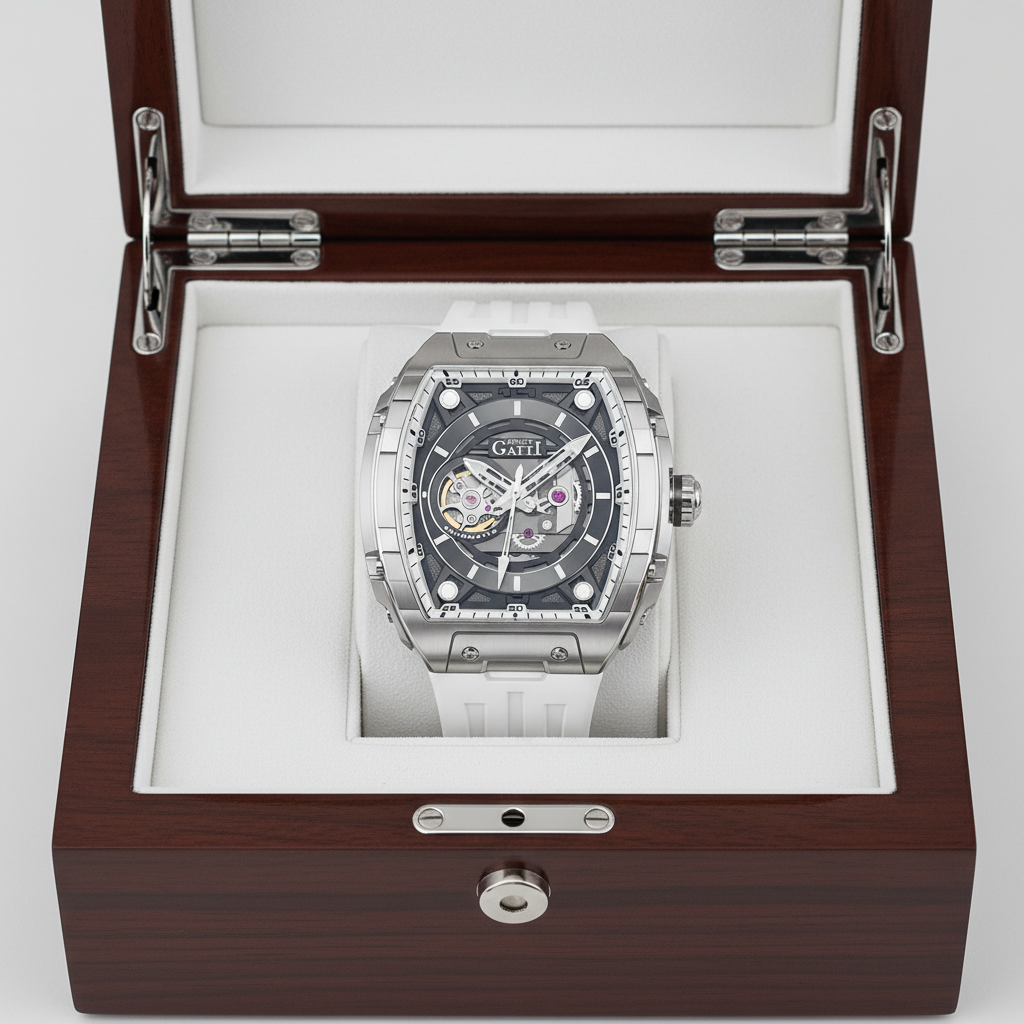 BONEST GATTI BG5602 luxury men’s automatic mechanical watch presented in premium wooden box, skeleton dial and white strap