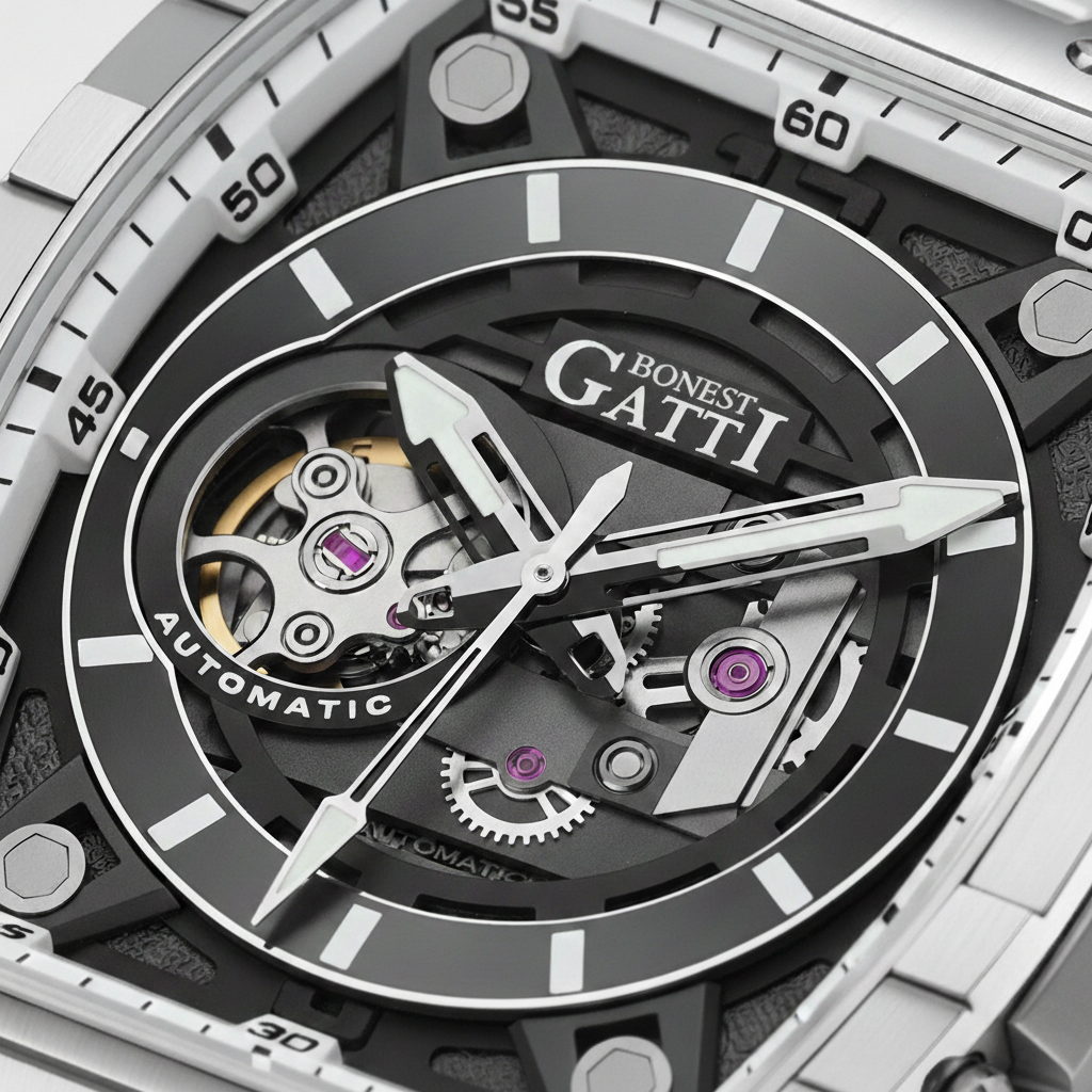 BONEST GATTI BG5602 skeleton dial macro showing automatic mechanical movement, exposed gears, luminous hands and sapphire crystal
