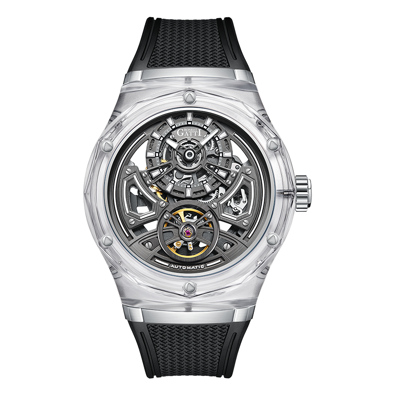 BONEST GATTI BG5807 transparent automatic skeleton watch front view with clear crystal case and black strap