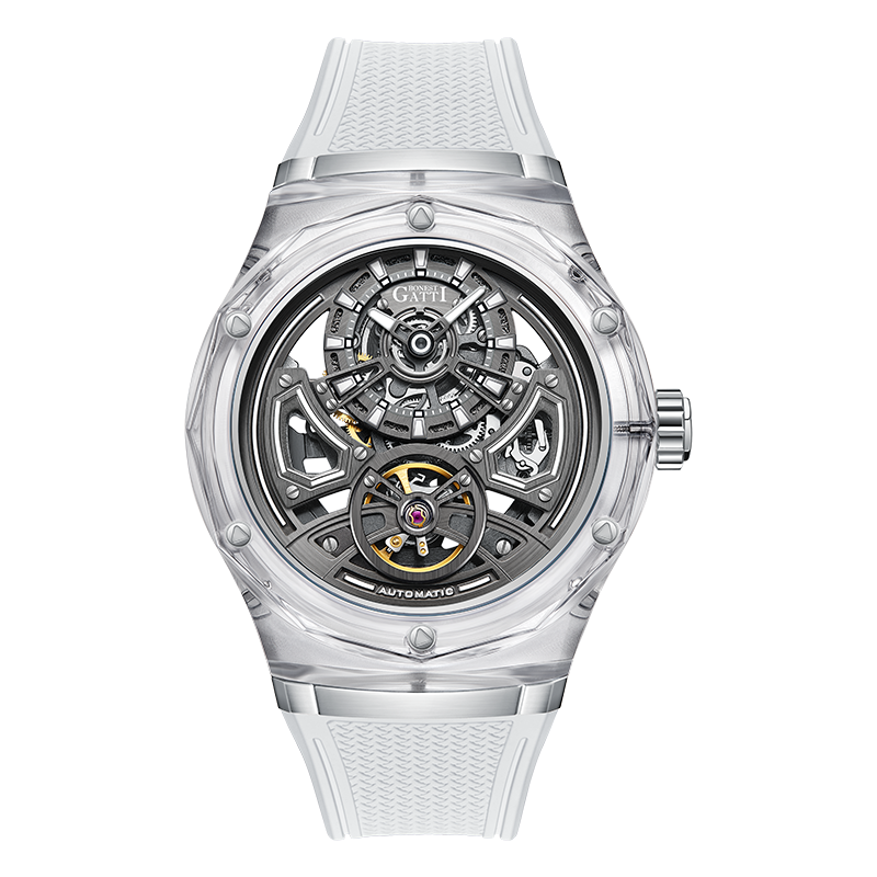 BONEST GATTI BG5807 transparent automatic skeleton watch front view with clear case and white strap