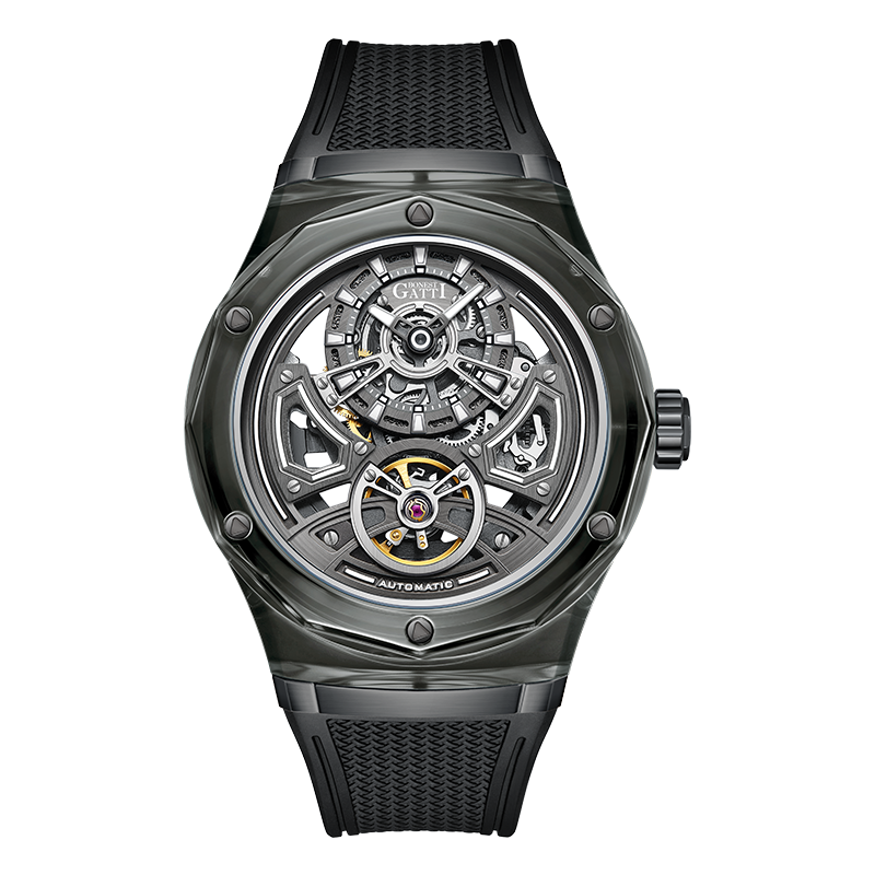 BONEST GATTI BG5807 transparent automatic skeleton watch front view with dark crystal case and black strap