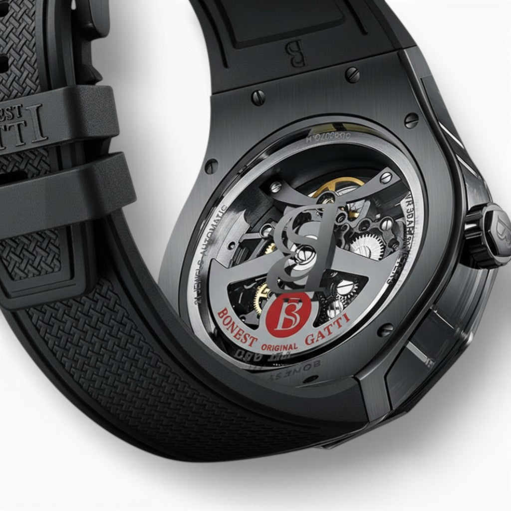 BONEST GATTI BG5807 transparent automatic skeleton watch with exhibition case back revealing mechanical movement
