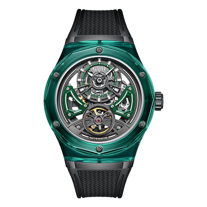 BONEST GATTI BG5807 transparent automatic skeleton watch front view with green crystal case
