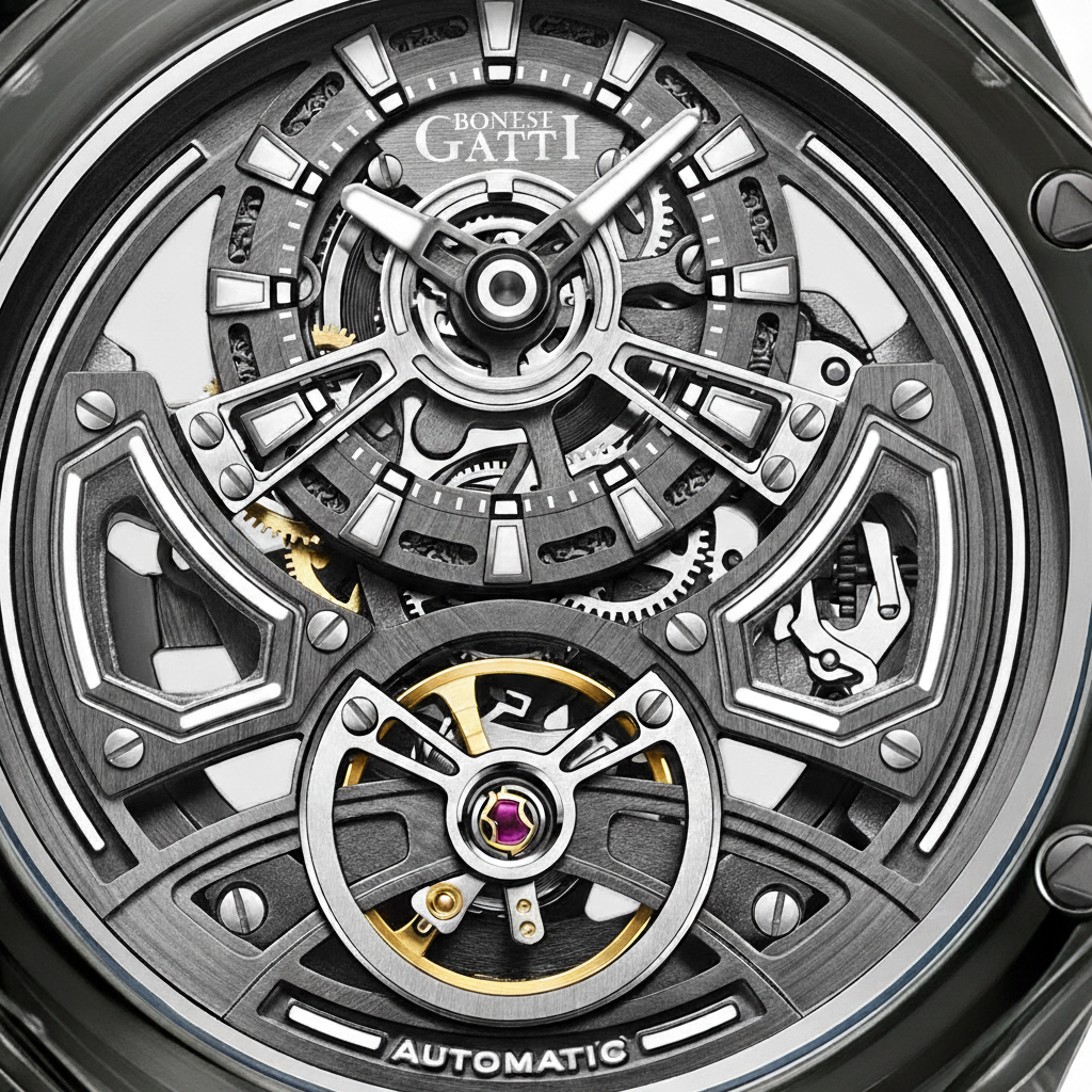 BONEST GATTI BG5807 transparent automatic skeleton watch close up of mechanical dial showing balance wheel and exposed movement