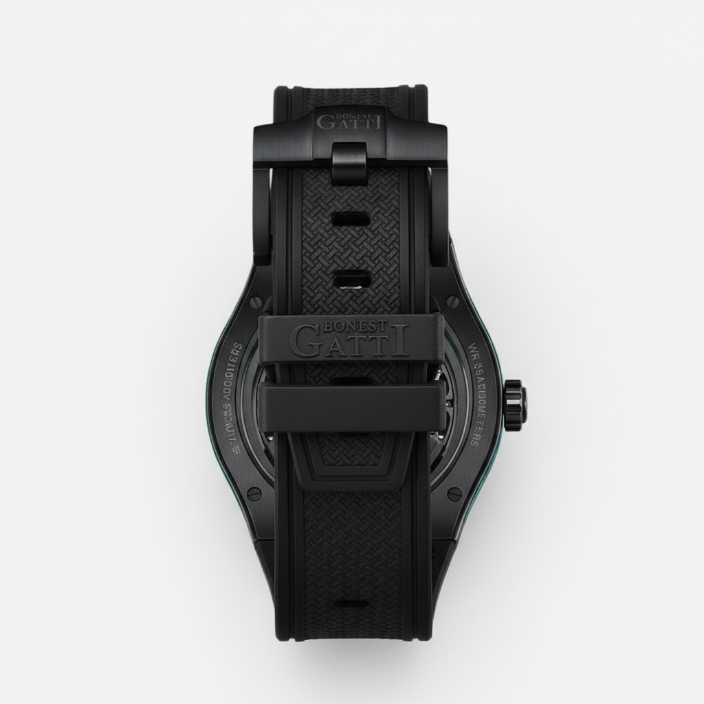 BONEST GATTI BG5807 transparent skeleton watch rear view showing textured strap and branded buckle