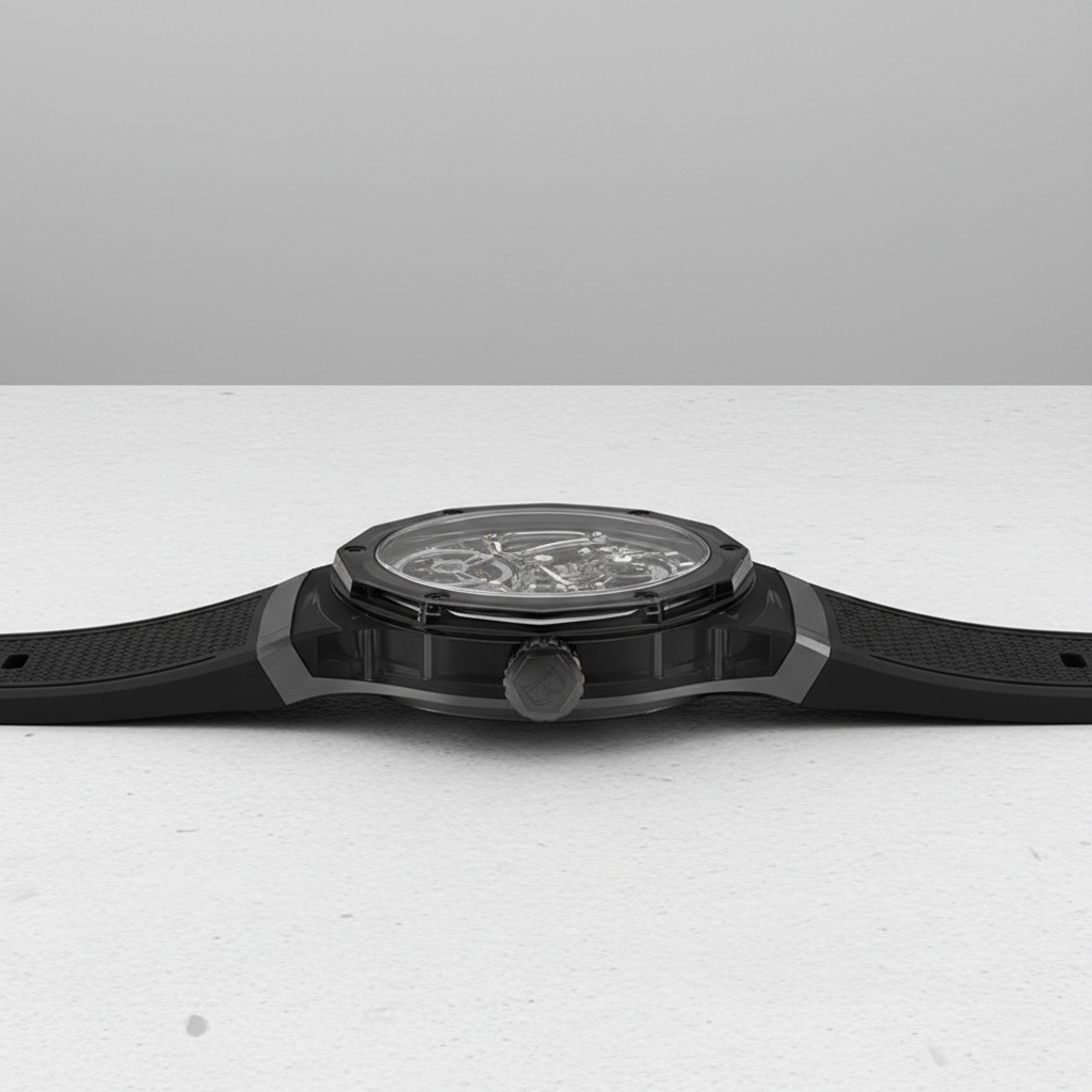 BONEST GATTI BG5807 transparent automatic skeleton watch side profile showing crystal case thickness and crown design