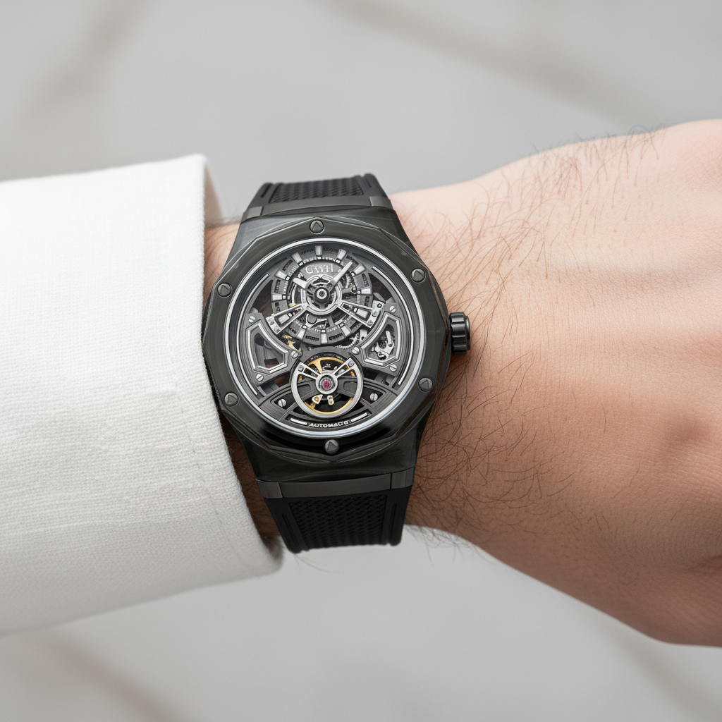 BONEST GATTI BG5807 transparent automatic skeleton watch worn on wrist showing modern luxury style