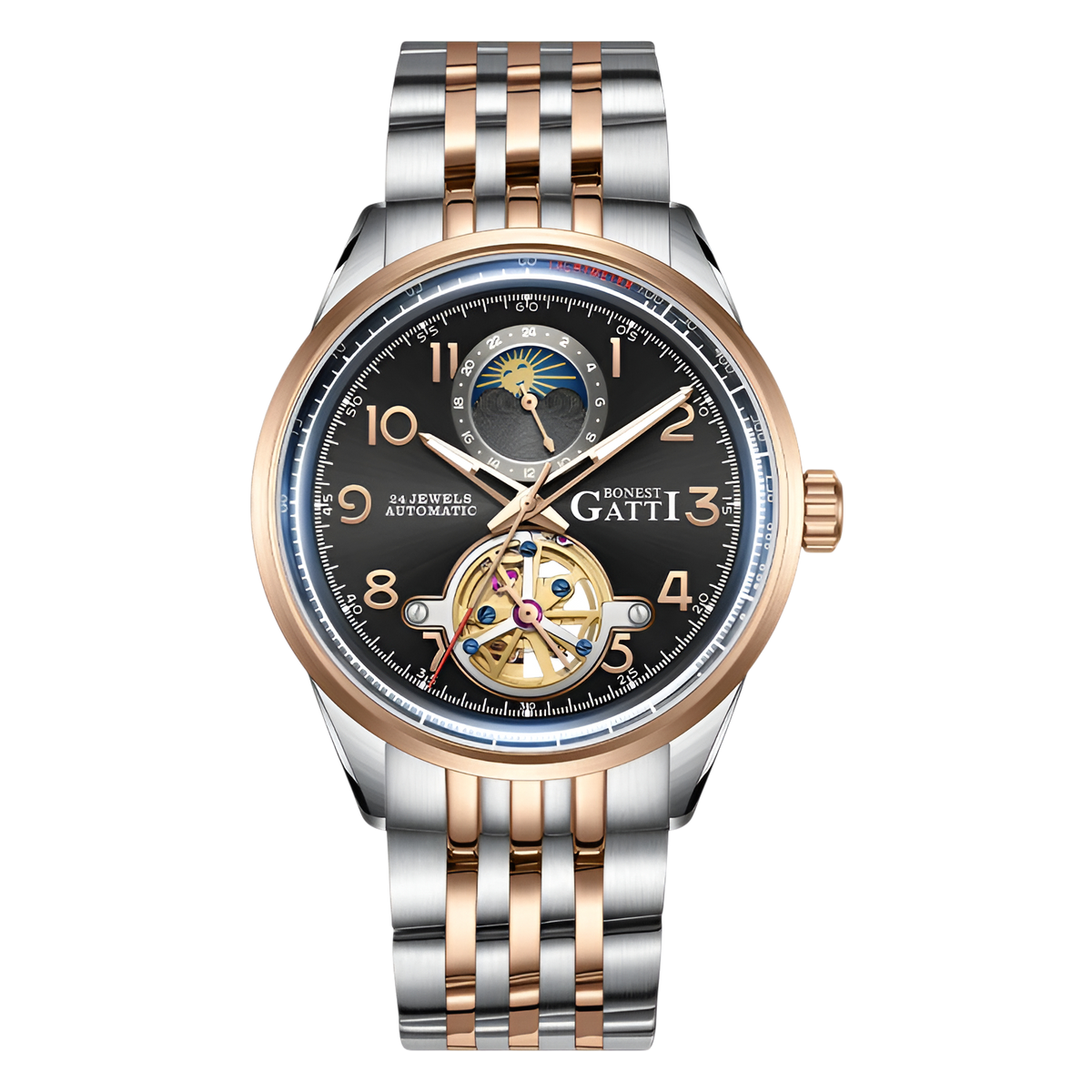BONEST GATTI BG5808 men’s automatic skeleton watch black rose gold design