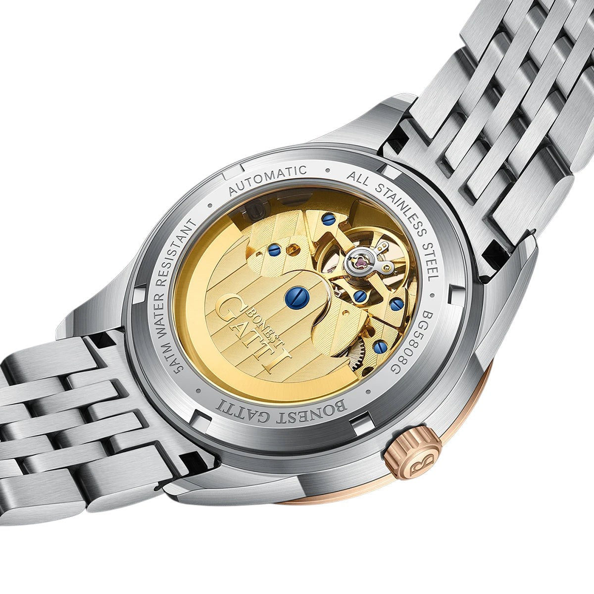 BONEST GATTI BG5808 automatic skeleton watch exhibition caseback gold rotor