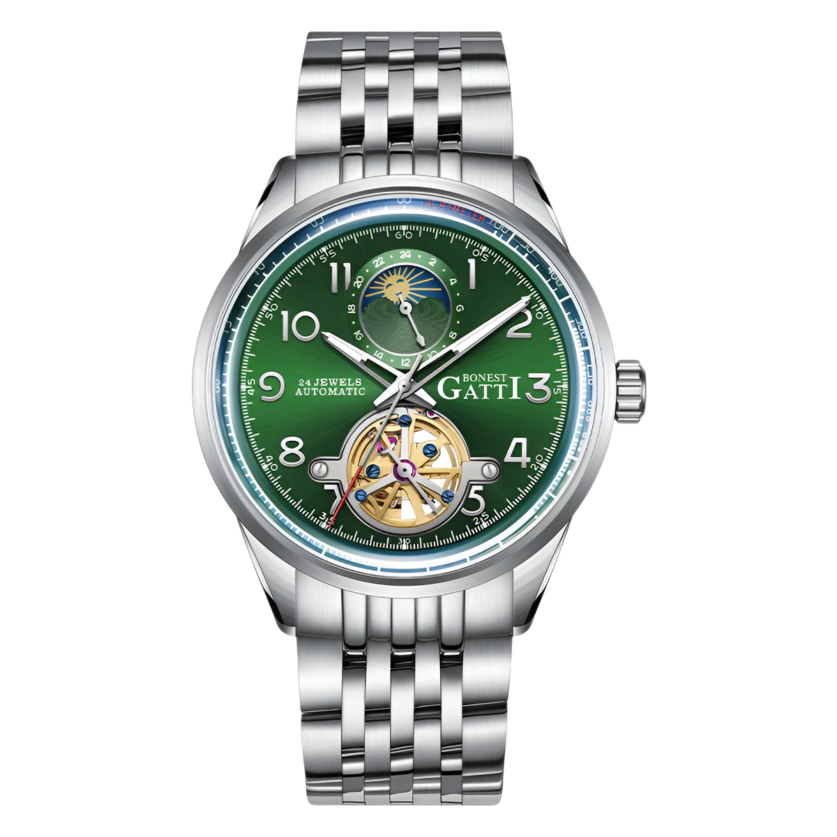 BONEST GATTI BG5808 automatic skeleton watch green dial open heart front view