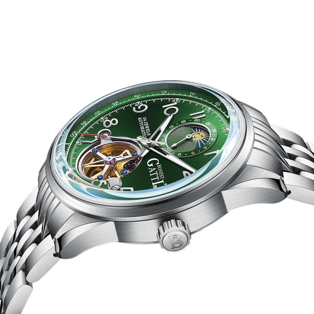 BONEST GATTI BG5808 mechanical skeleton watch green dial sapphire crystal macro