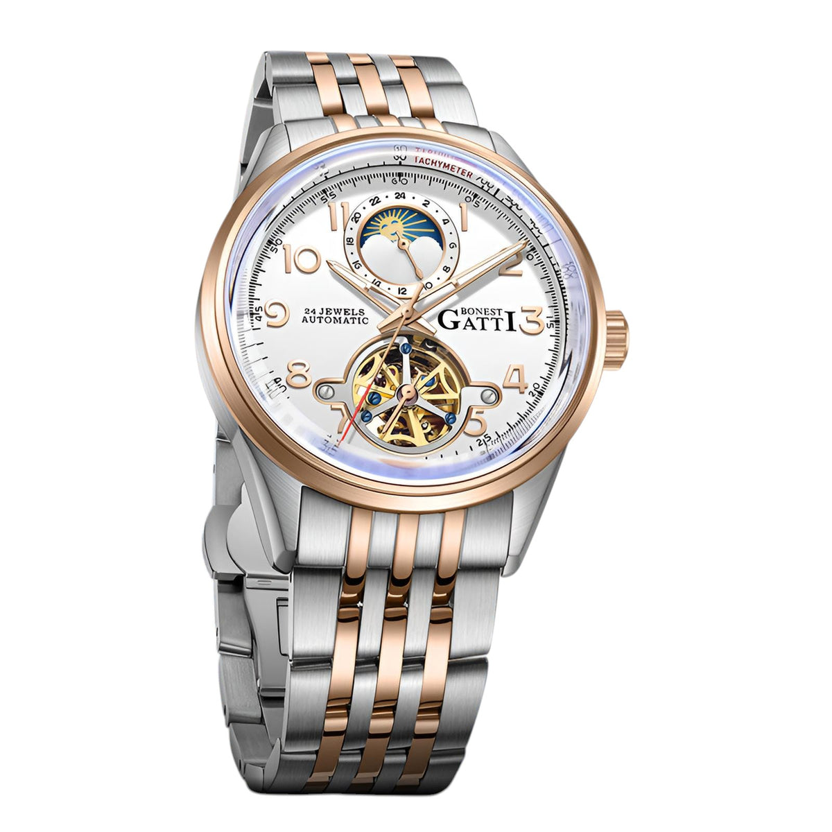BONEST GATTI BG5808 mechanical skeleton watch rose gold stainless steel macro