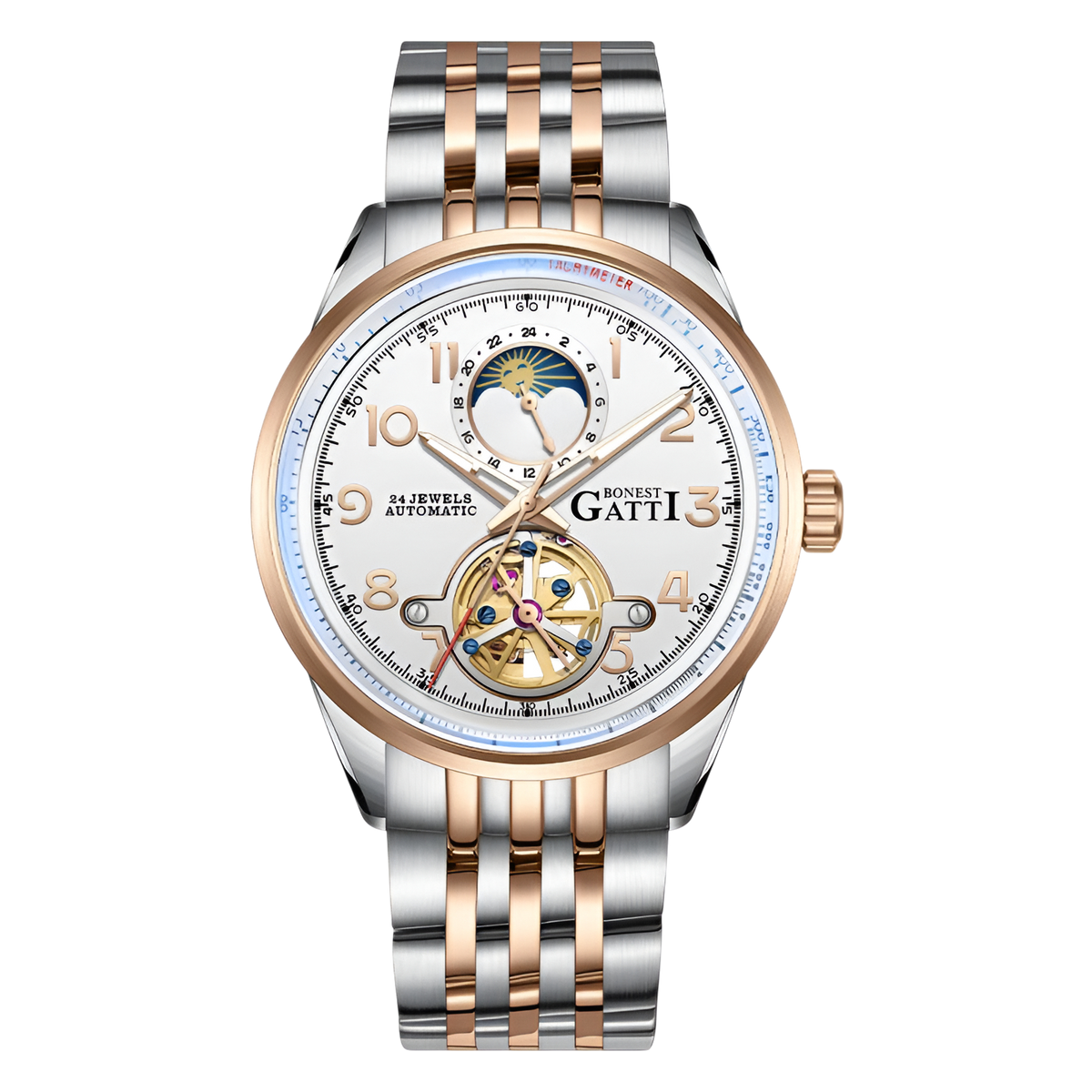 BONEST GATTI BG5808 automatic skeleton watch silver rose gold tone front view