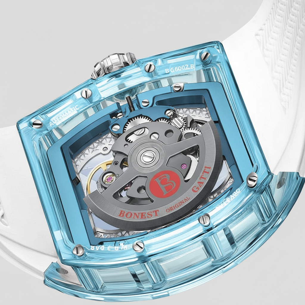 BONEST GATTI BG6002B men’s automatic skeleton watch transparent caseback rotor