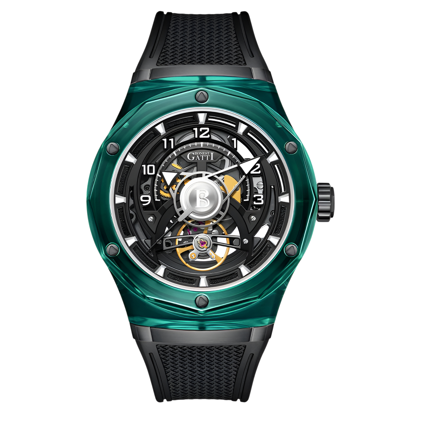 BONEST GATTI BG6003 mechanical skeleton watch emerald transparent case front view