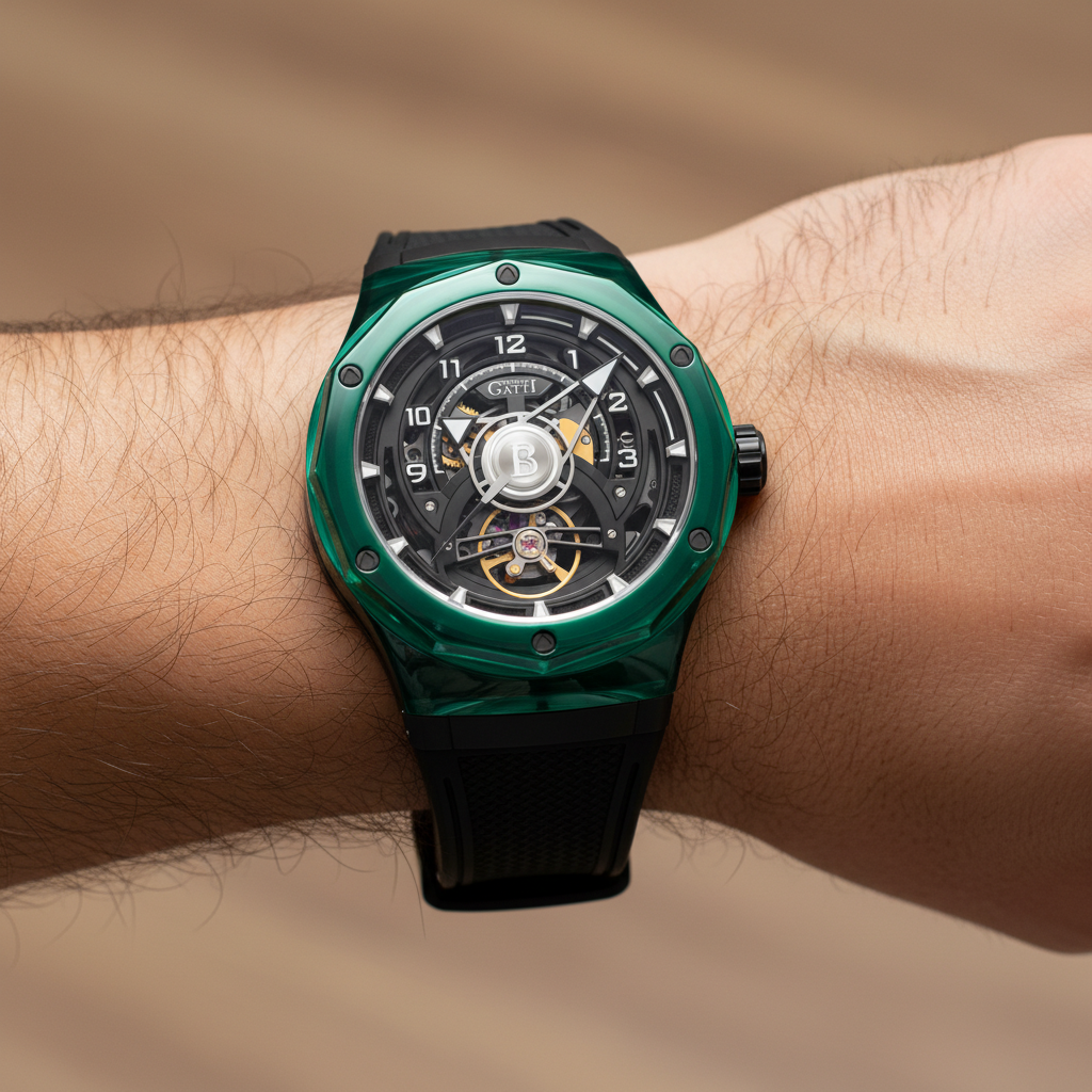 BONEST GATTI BG6003 skeleton mechanical watch worn on wrist, green transparent case and black strap