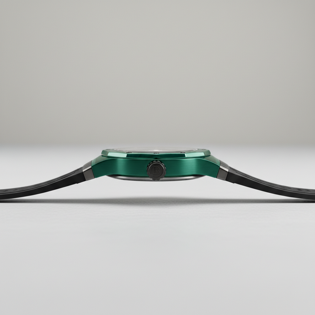 Side profile of BONEST GATTI BG6003 skeleton watch showing green transparent case and sapphire crystal thickness