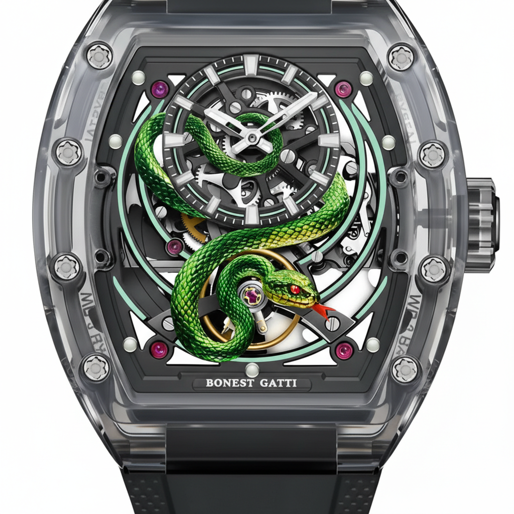 BONEST GATTI BG6004 luxury automatic watch featuring green snake sculpture dial with exposed gears and skeleton movement