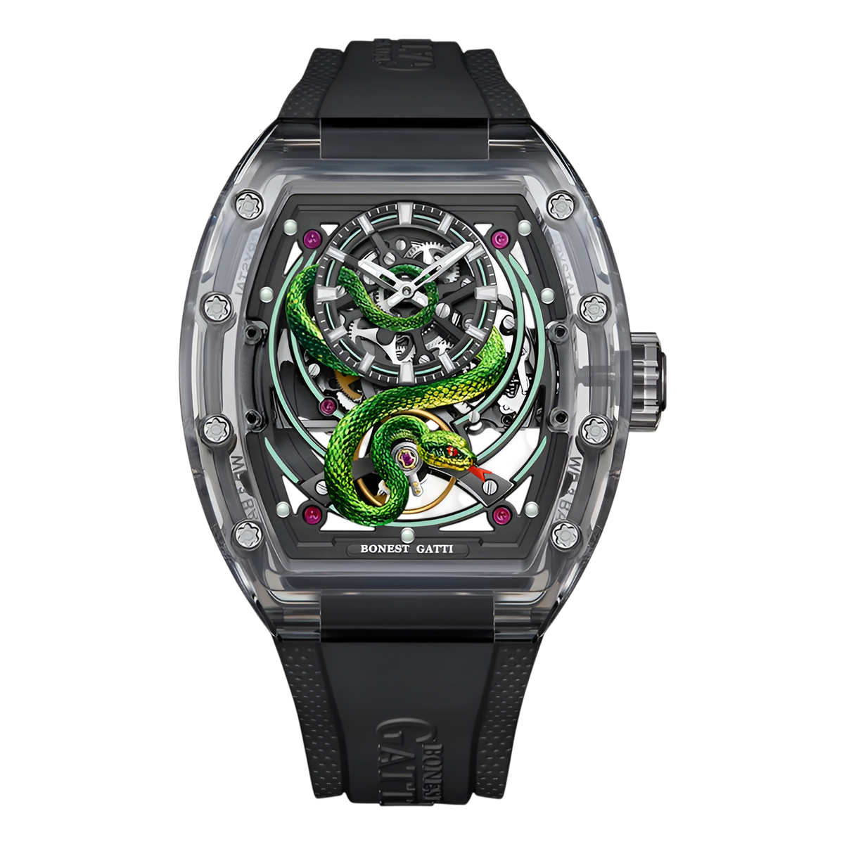 BONEST GATTI BG6004 luxury automatic mechanical watch with transparent tonneau case and black rubber strap front view