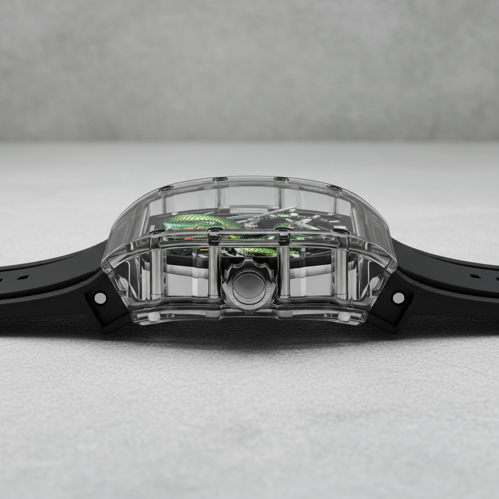 BONEST GATTI BG6004 luxury automatic mechanical watch showcasing transparent tonneau case side profile and exposed internal architecture