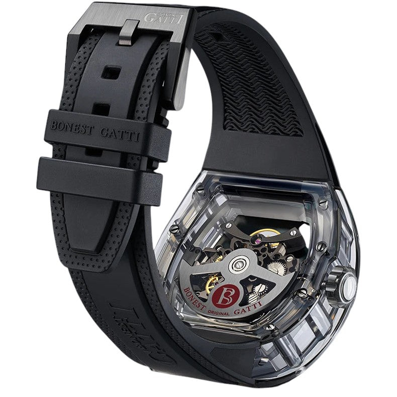 BONEST GATTI BG6004 automatic mechanical watch showcasing transparent caseback with visible rotor and movement components