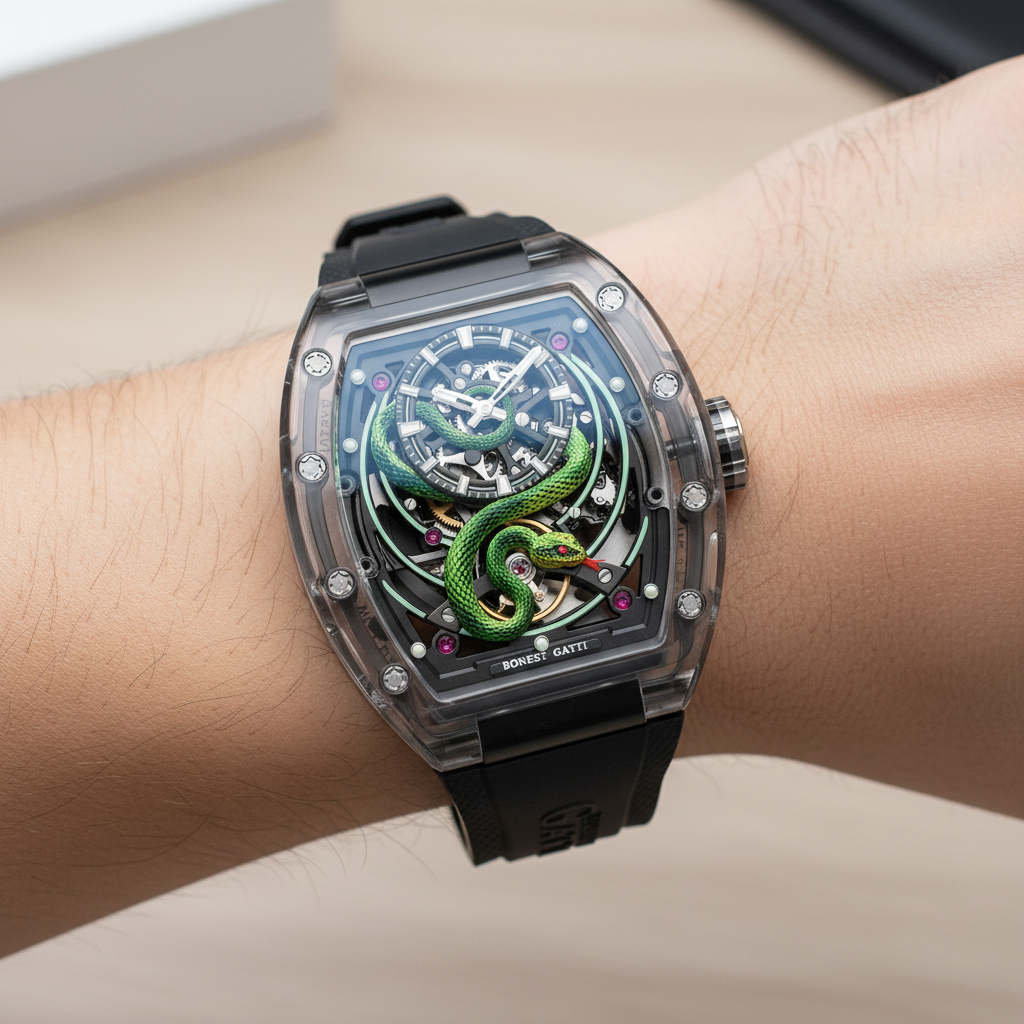 BONEST GATTI BG6004 luxury automatic mechanical watch worn on wrist showing transparent case and sculpted snake dial