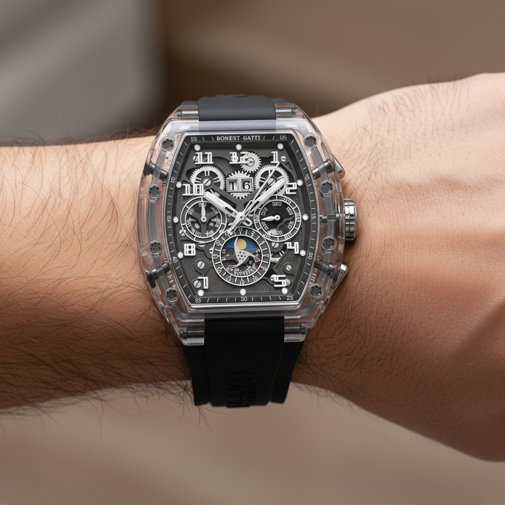 BONEST GATTI BG6006 automatic mechanical watch dark dial worn on wrist showing real size and presence