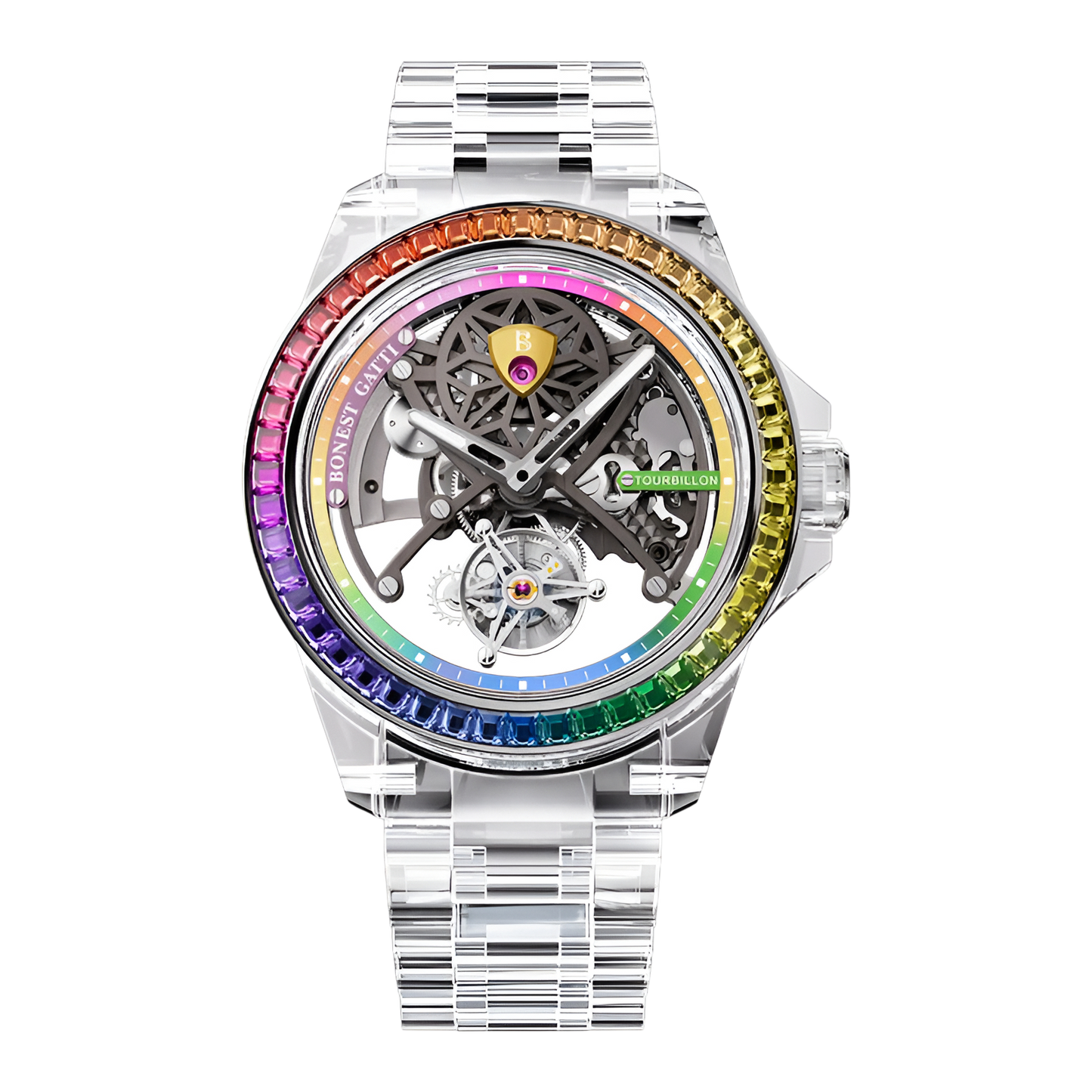 Transparent skeleton automatic mechanical watch with tourbillon and rainbow bezel