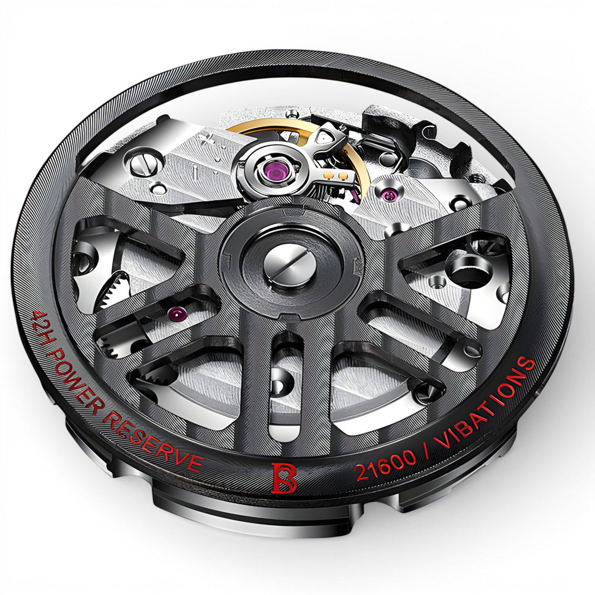 BONEST GATTI BG8601-B automatic mechanical watch skeleton movement with 42 hour power reserve and 21600 vibrations macro view