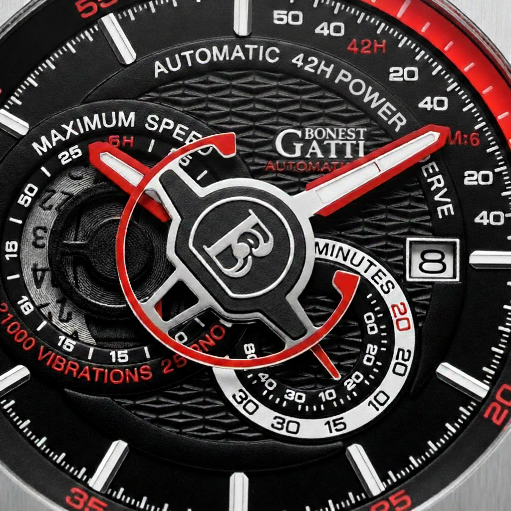 Bonest Gatti BG8601-B automatic mechanical watch macro dial view highlighting red accents power reserve and date display