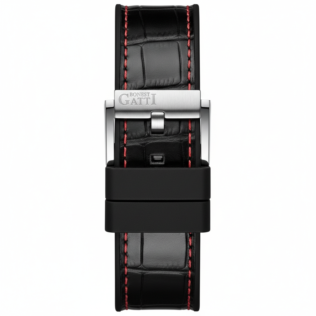 BONEST GATTI BG8601-B automatic watch leather strap with red stitching and engraved stainless steel clasp