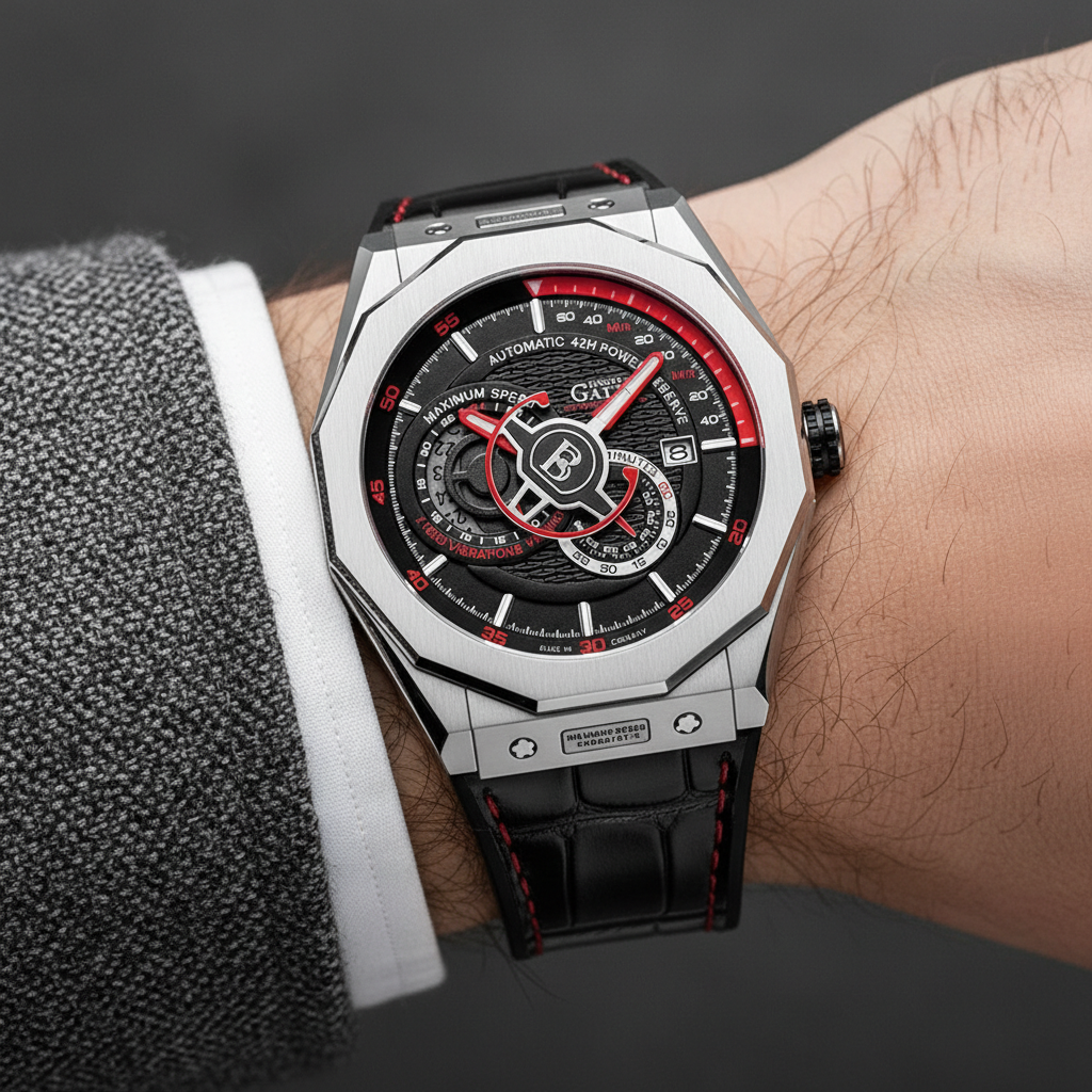 Bonest Gatti BG8601-B King’s Speed Series automatic watch worn on wrist with silver case red dial accents and leather strap