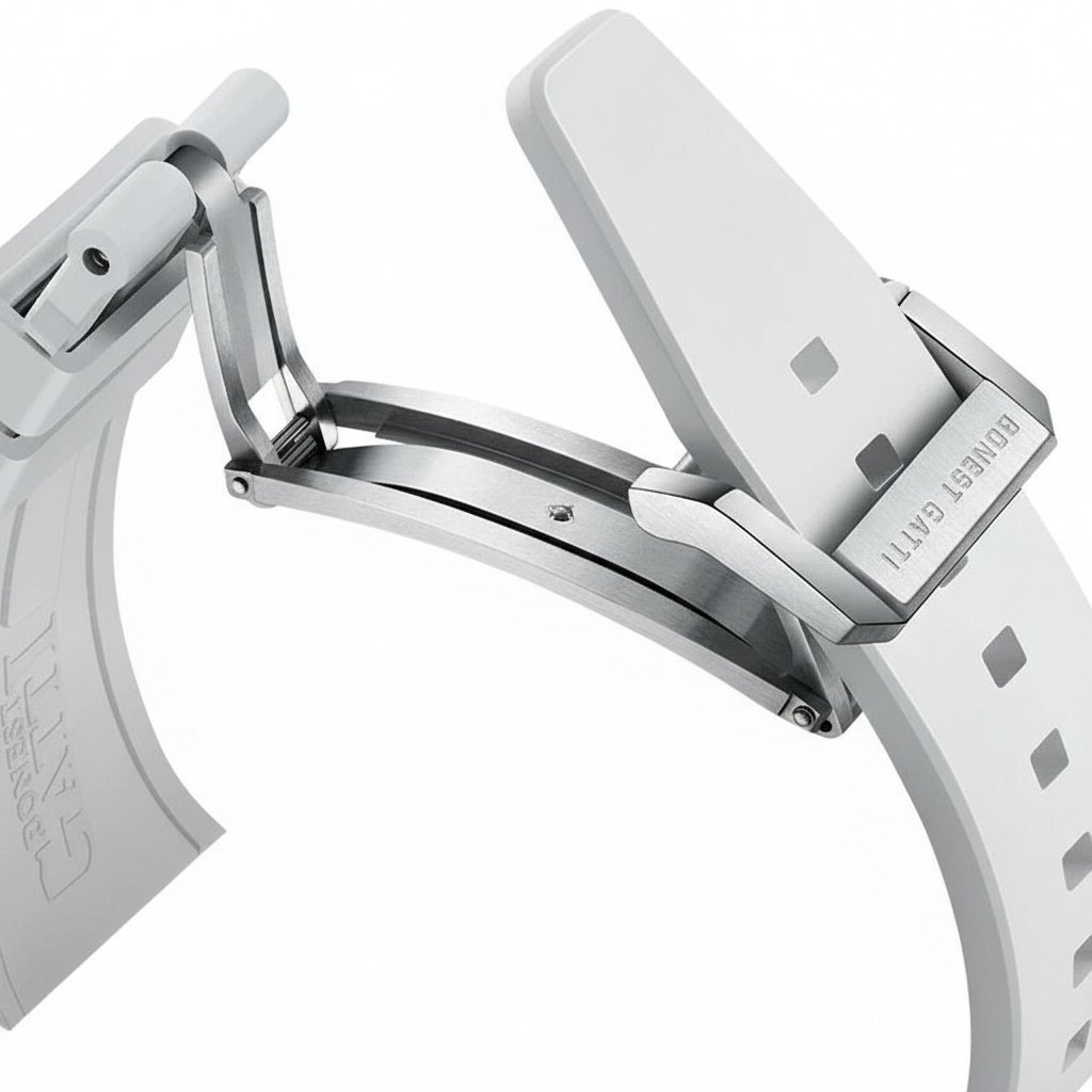 BONEST GATTI BG9002 luxury automatic watch folding clasp detail with white strap and brushed steel finish