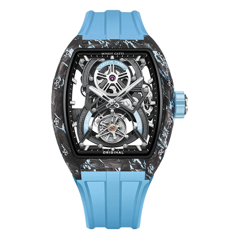 Automatic tourbillon watch with carbon fiber tonneau case and skeleton dial