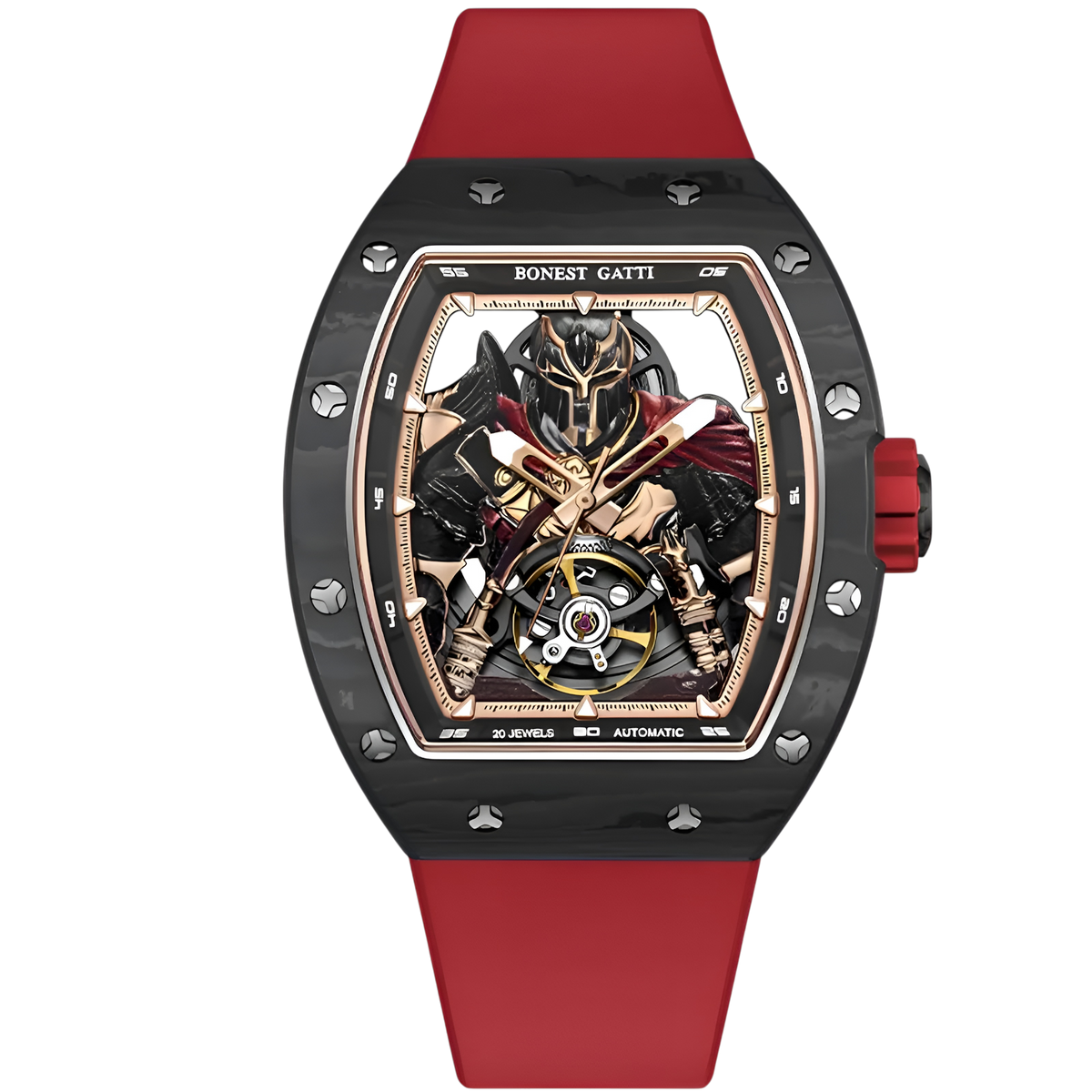 BONEST GATTI BG9009 automatic warrior skeleton watch featuring carbon fiber tonneau case and red marble strap front view