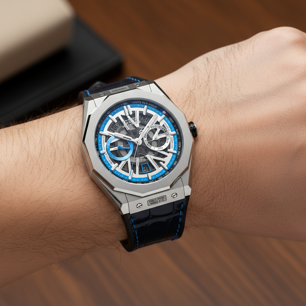 BONEST GATTI BG9601-L automatic skeleton watch worn on wrist featuring blue sapphire dial and leather strap