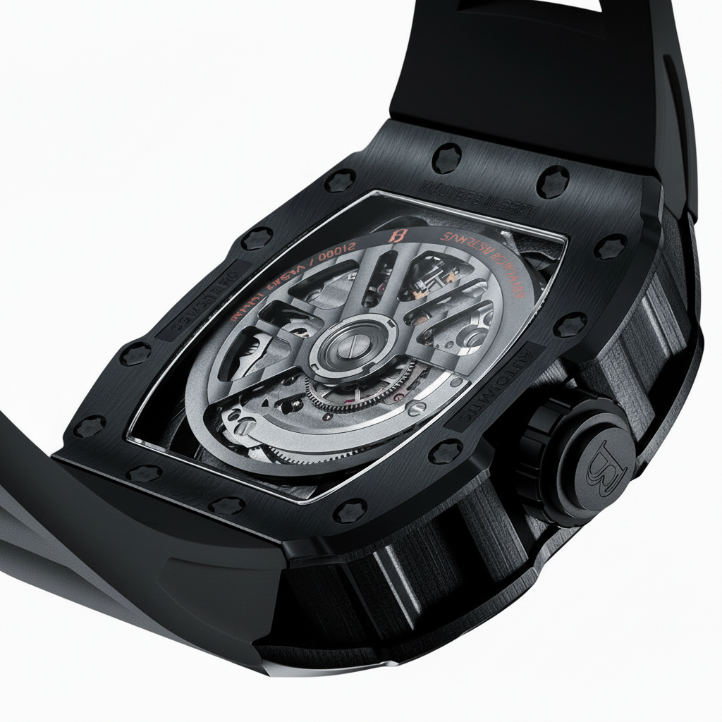 BONEST GATTI BG9901 tonneau skeleton automatic watch showing transparent case back and mechanical movement with black strap