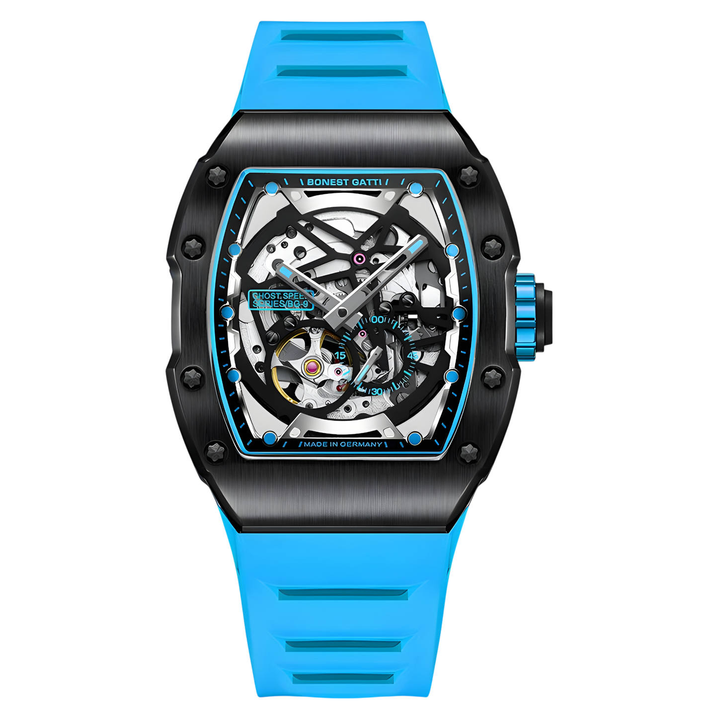 BONEST GATTI BG9901 skeleton automatic watch front view with black tonneau case blue rubber strap and exposed mechanical movement