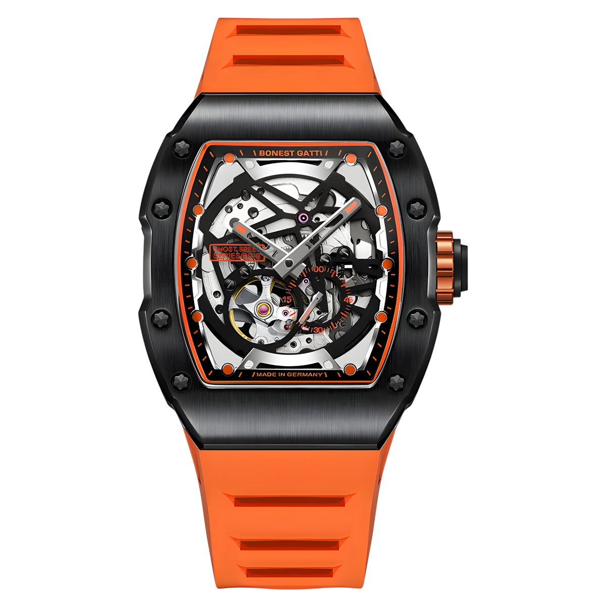 BONEST GATTI BG9901 tonneau skeleton automatic watch with orange rubber strap and black tonneau case