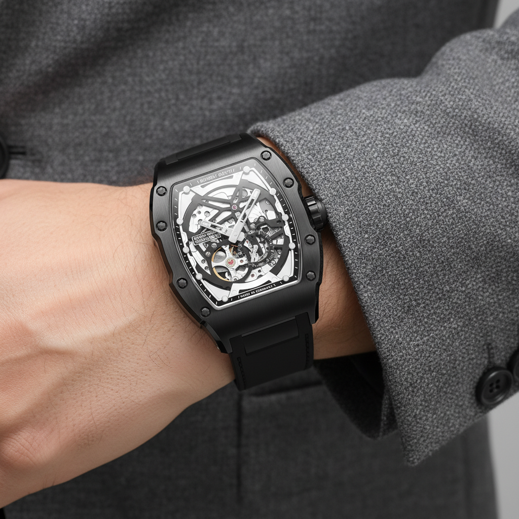 BONEST GATTI BG9901 skeleton automatic watch worn on wrist showcasing tonneau case and black strap lifestyle view